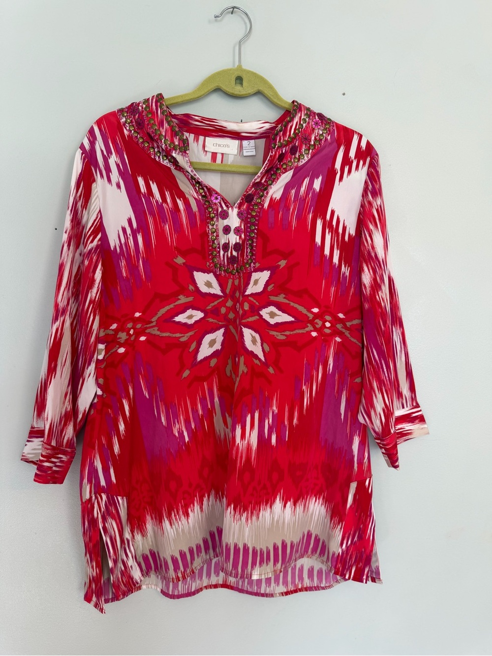 Chico’s Size 2 Pink Red Ikat Embellished Tunic Top Beaded Boho Artsy 3/4 Sleeve